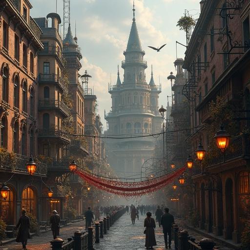 Detailed illustration of a steampunk city featuring tall ornate towers cobblestone streets and warm glowing street lamps. People are seen walking while a bird flies overhead amidst a foggy atmosphere. A decorative banner hangs across the street creating a nostalgic vibe.