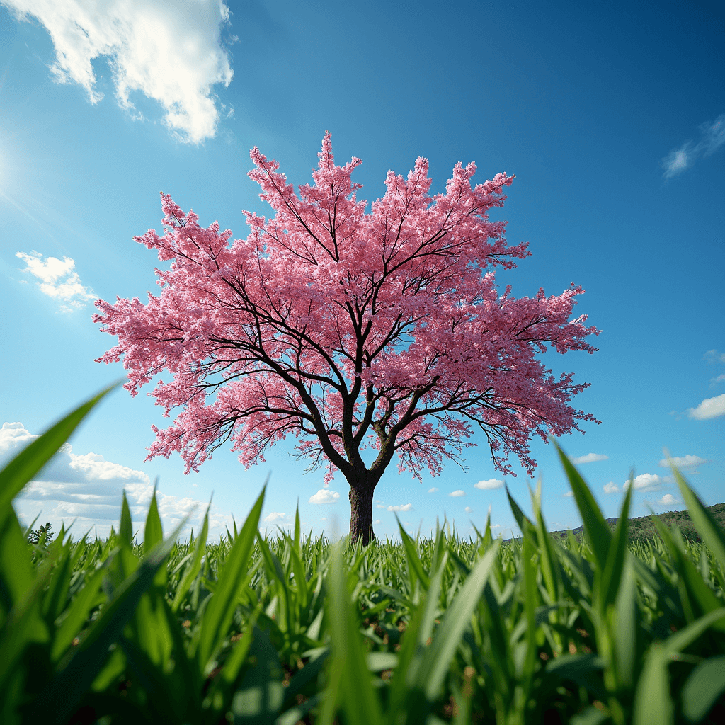 A tree with pink blossoms stands in a grassy field under a clear blue sky.