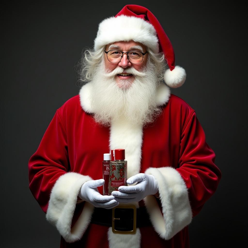 Santa Claus in full costume. Santa is holding festive products. Background is dark.