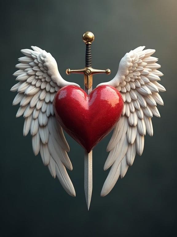 A small realistic heart with angel wings and seven swords. The heart appears glossy and shiny. The wings are large and feathered. The swords are arranged artistically in the composition.
