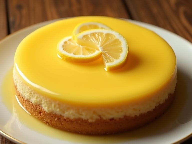 Photorealistic cheesecake with a glossy lemon glaze. Displayed on a wooden table. Topped with thin lemon slices. Cake has a golden-yellow appearance. Ideal for dessert enthusiasts and food photography lovers.
