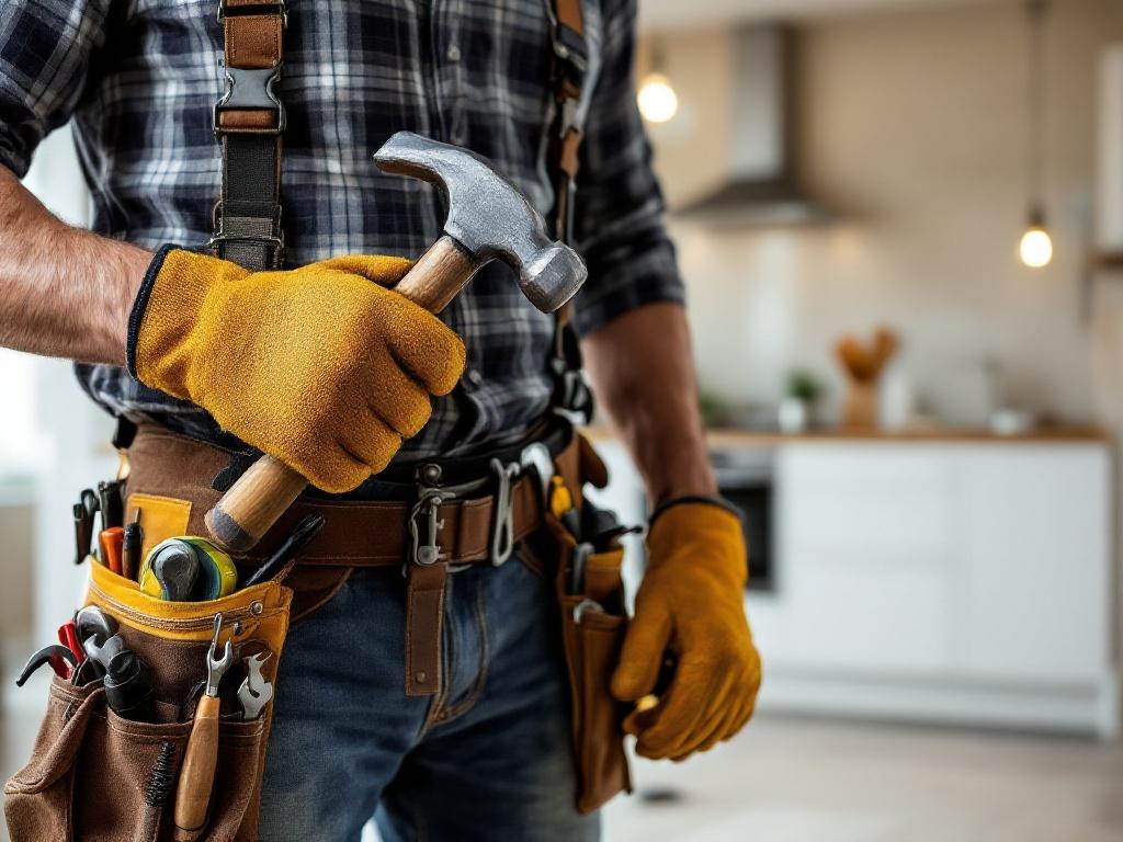 Image shows a builder handyman holding a hammer. He wears sturdy work gloves. A tool belt hangs on his waist filled with tools. Background features a kitchen undergoing renovation with cabinets and flooring work.