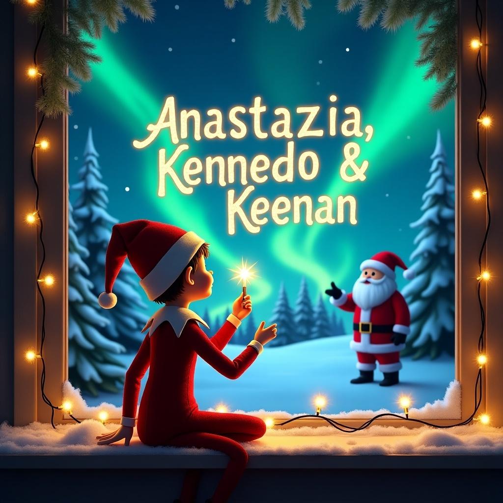 The image features an adorable elf on the shelf. Seated with his back to the viewer, he gazes up at the night sky. The elf holds a magical wand, writing names 'Anastazia, Kennedy & Keenan' in bright glowing letters. The background showcases a whimsical Christmas scene with vibrant northern lights. Santa Claus is visible in the distance, enhancing the festive ambiance. Snow-covered trees frame the cozy window adorned with twinkling lights.