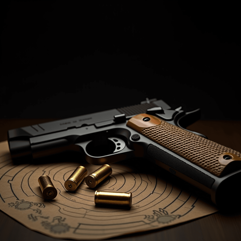 A handgun resting on a shooting target surrounded by bullet casings.