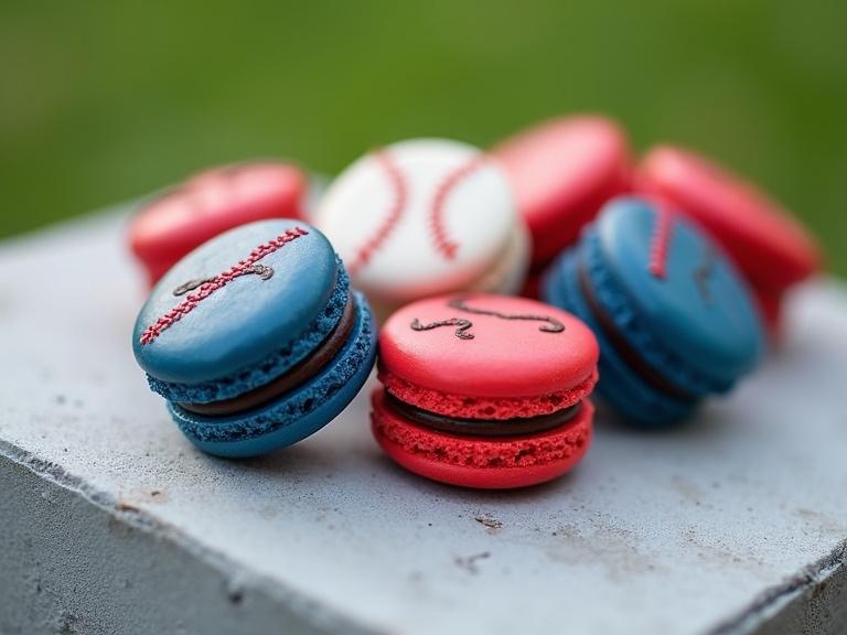 High-resolution photograph of Father's Day Sport macarons arranged on light grey concrete slab. Macarons in bold colors resembling sports team colors decorated with edible lines and shapes. Bright outdoor lighting creates a clean energetic feel.