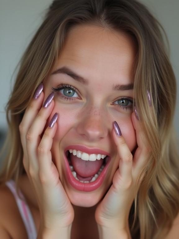 Playful cheerful 19-year-old girl with long nails and heavy makeup poses for the camera with excitement and joy.
