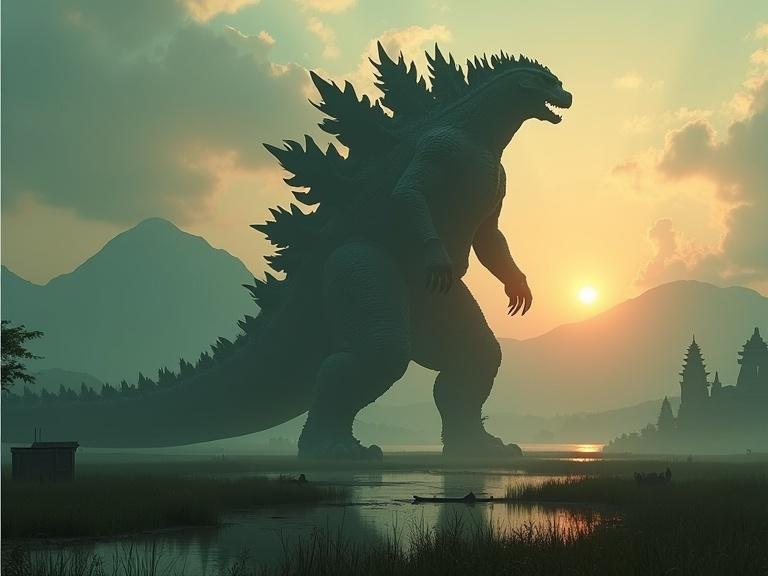 Huge silhouette of Godzilla against an orange sunset. Walking through a grassy landscape with mountains in background. Small village with tiny people and boats. Huge stone temples and marshy waters reflecting sunset.
