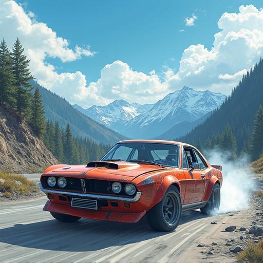 Anime drawing of a damaged street drift car drifting in a mountain pass with trees and mountains in the background.