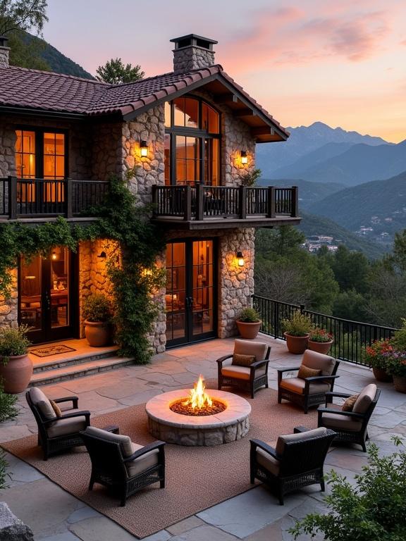Stunning mountain retreat-style home at sunset with a cozy fire pit and surrounding seating area. Rustic architecture made of stone and timber. Warm lighting and lush greenery complement the scene.
