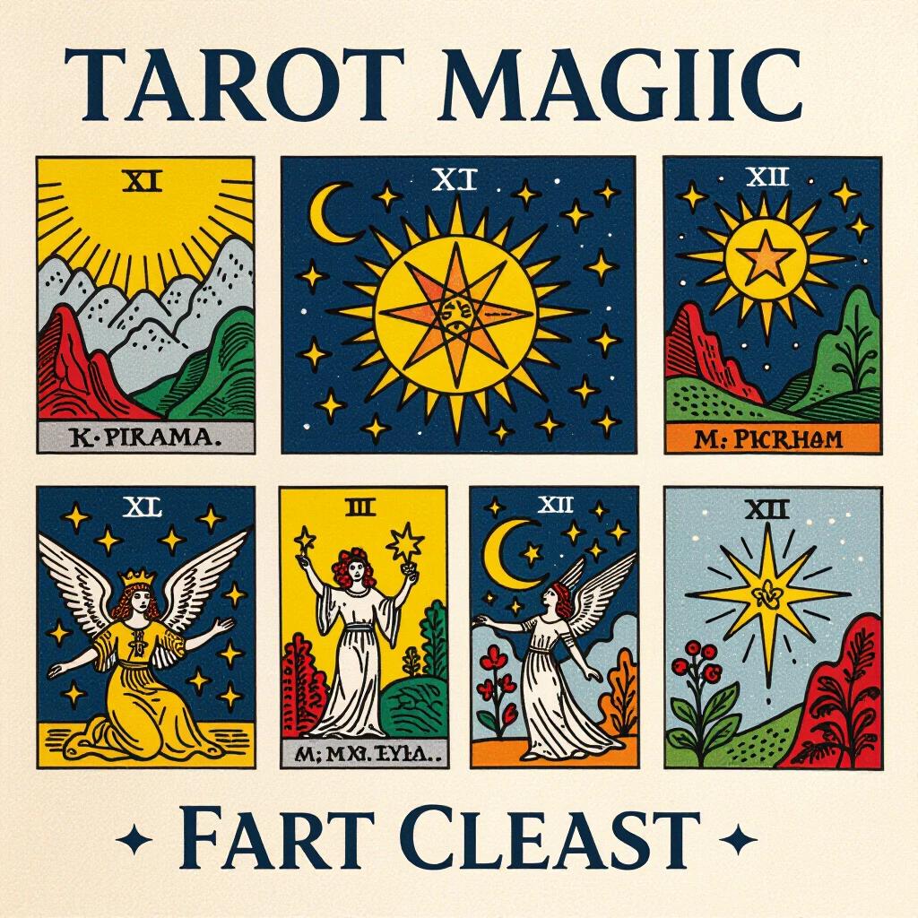 Design features tarot cards with vibrant colors. Includes symbols like the sun, stars, and angels. Each card has unique illustrations. The overall message centers around tarot magic.