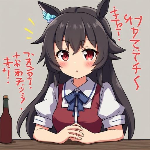 Anime character with black hair and red eyes wearing a school uniform. Character looks cute and thoughtful. Elements include a ribbon and a butterfly. Table and bottle in the scene.