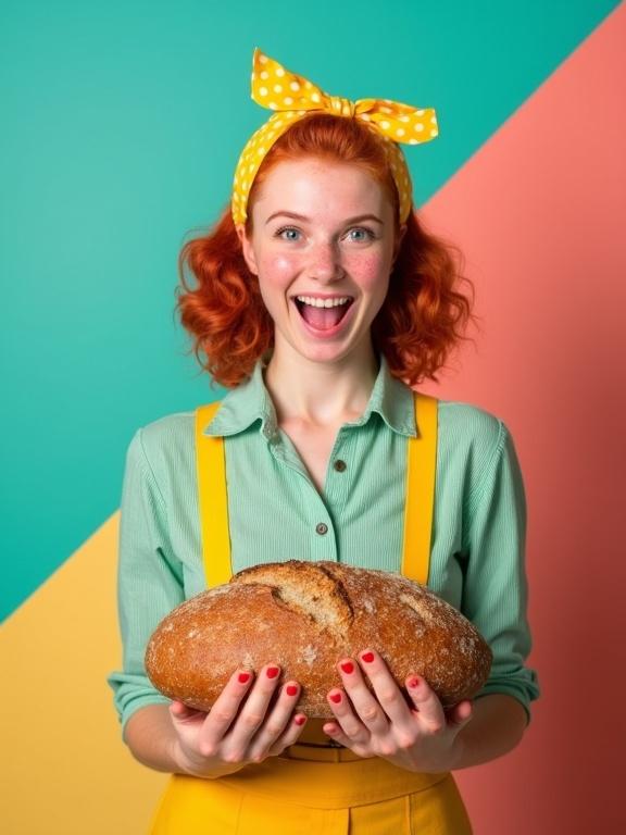 Young woman styled in 1950s fashion stands confidently holding a rustic loaf of bread. She wears a yellow headscarf with white polka dots a green striped shirt with yellow suspenders. Background divided into turquoise salmon pink and yellow blocks. Studio lighting showcases her vibrant red curly hair.