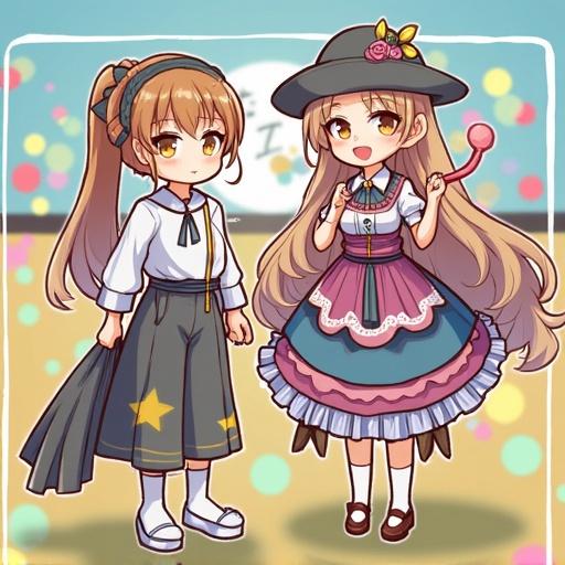Two anime-style girls stand side by side. One wears casual clothing with a star pattern. The other in a traditional dress with accessories. Bright colors dominate the artwork.