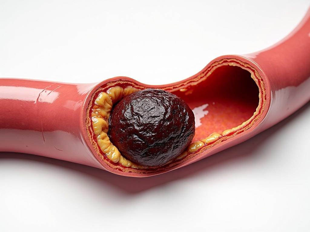 This image depicts a cross-section of a model of a human artery with a significant buildup of plaque. The artery has been cut open to reveal a large, dark obstruction, likely representing a blood clot or severe cholesterol buildup, which is surrounded by yellowish plaque along the arterial walls. The model uses vibrant colors to highlight the different components and is set against a plain white background.