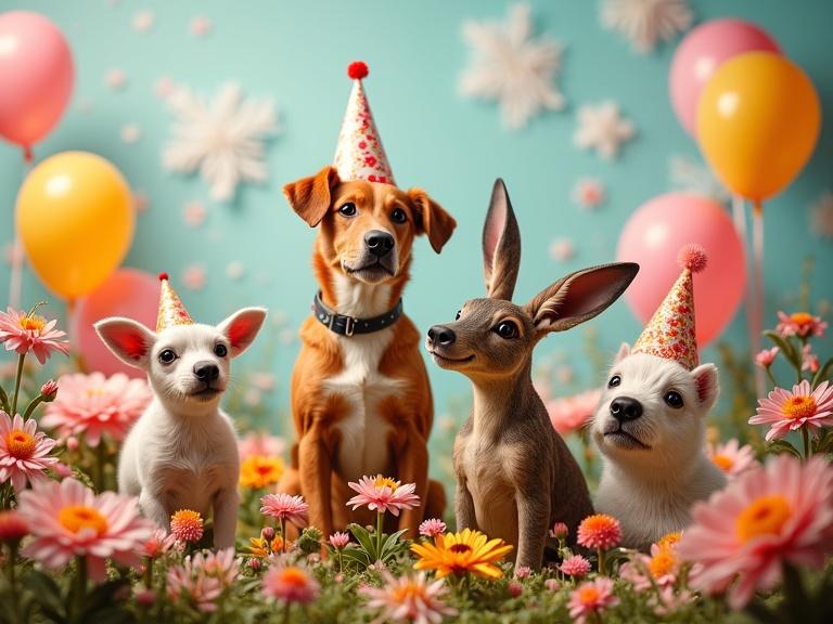 Colorful birthday celebration with multiple animals and balloons surrounded by flowers. Four pets including a small dog and a rabbit wearing party hats. Scene designed for a festive atmosphere.