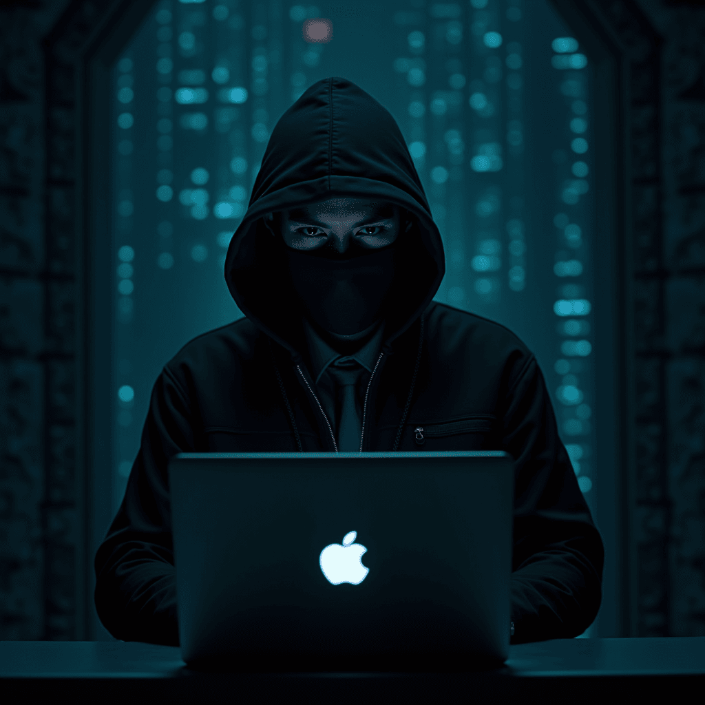 A masked individual in a dark hoodie intently works on an illuminated laptop in a dim, blue-lit digital environment.