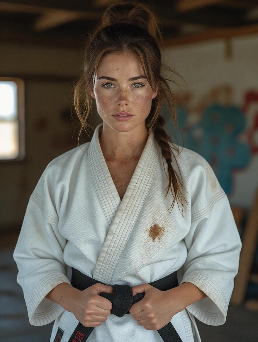 Realistic athletic woman wearing a worn-out karate gi with dirt smudges and untidy hair. She has light bruises on her face and appears exhausted but smiling. Hands on her belt with a focus on the upper body.