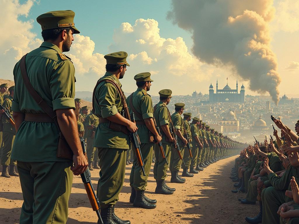 The image depicts a large formation of soldiers standing in uniform, facing a distant city engulfed in smoke. They hold rifles at the ready, creating an imposing presence. In the background, a historical city skyline is visible, hinting at a significant conflict. The atmosphere is tense, depicting the gravity of military operations. The scene captures the essence of war and its impact on society, focusing on the military's role during a revolutionary period.