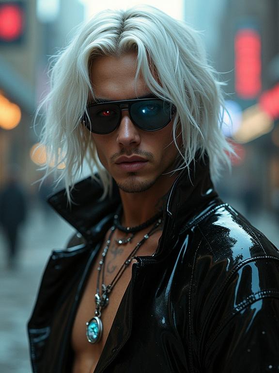 Futuristic male popstar depicted simply with platinum white hair black tips heterochromatic glowing eyes one silver one red bronze skin faint glowing circuit tattoos.