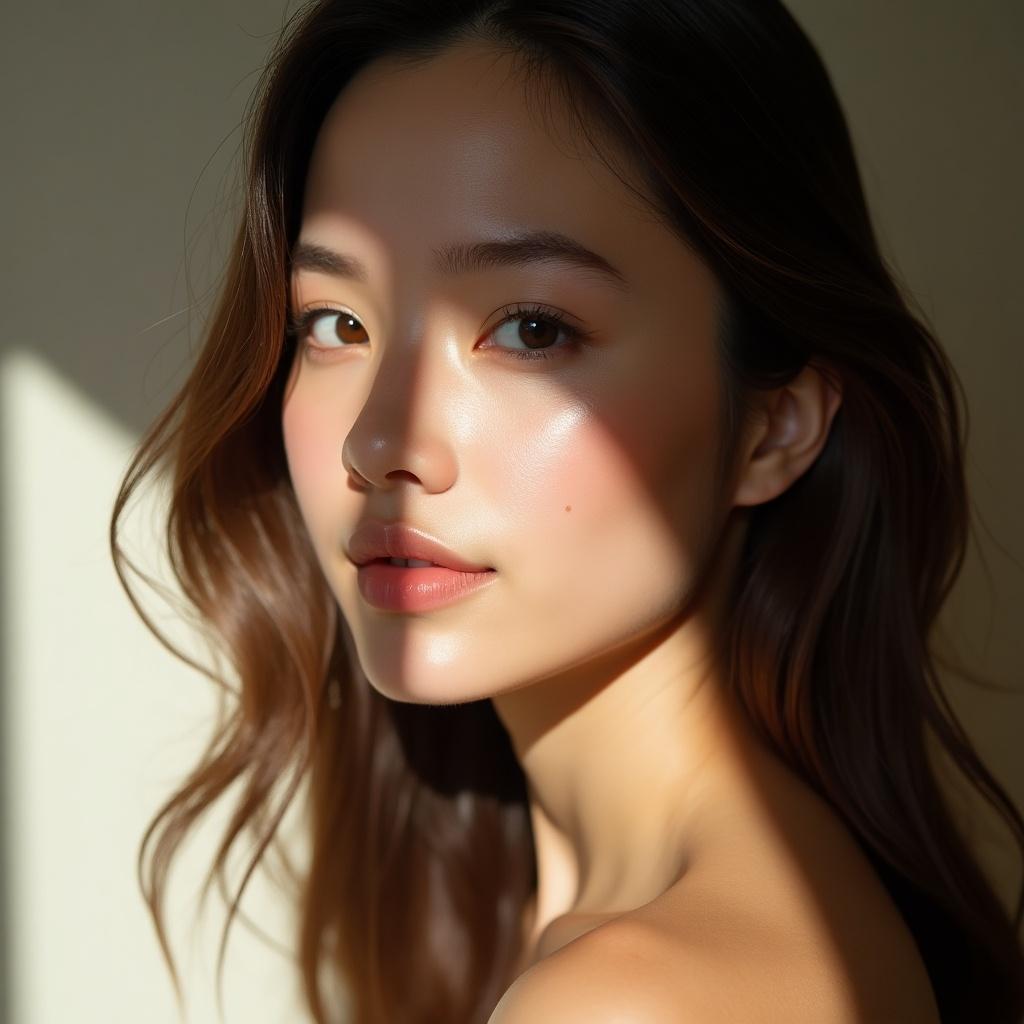 Close-up portrait of a young woman with delicate expression. Softly lit by natural sunlight with smooth complexion. Gentle blush complements serene gaze. Subtly styled long wavy hair enhances beauty. Play of light and shadow adds depth. Minimalist background keeps focus on her features. Warm and soft color palette enhances the aesthetic.