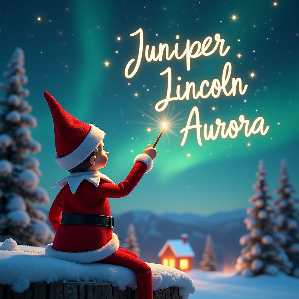 An enchanting Christmas scene featuring an elf on the shelf with his back to the viewer, gazing up at the sky. He’s using a magic wand to elegantly write the names 'Juniper,' 'Lincoln,' and 'Aurora' in sparkling letters against the backdrop of mesmerizing northern lights. The landscape is adorned with snowy trees and a cozy cabin glowing in the distance, enhancing the magical atmosphere. The elf, dressed in traditional red and white attire, invites a sense of childlike wonder and festive cheer. This scene encapsulates the essence of holiday magic and joy, inspiring feelings of warmth and excitement.