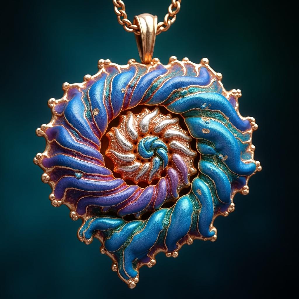 Magical shell pendant featuring swirling designs with blue and purple colors, set in gold.