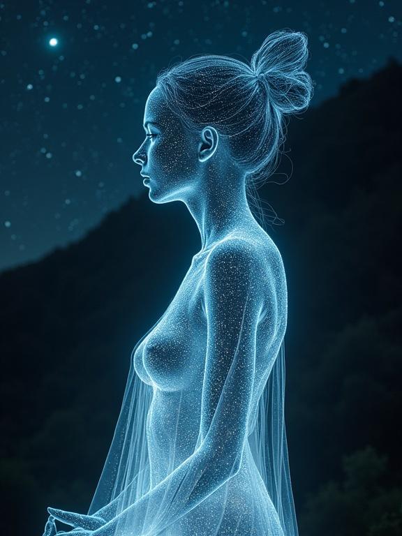 A divine figure stands against a starry night sky. The figure is illuminated with a soft glow, showcasing an ethereal quality. The atmosphere is dreamy and magical, with textures that evoke a sense of wonder.