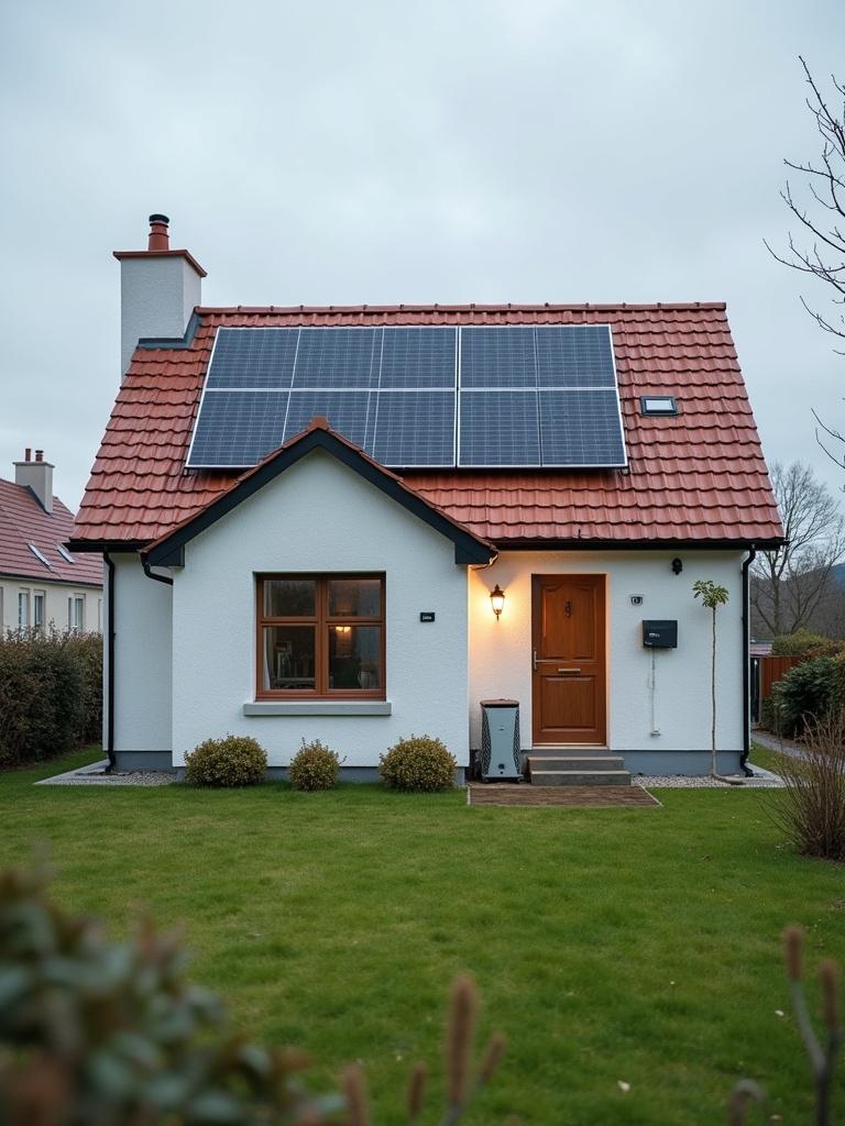 House in Ireland features solar panels on the roof. An electric vehicle charger is visible on the side. A battery storage unit is discreetly placed. The house includes a heat pump installed outside.