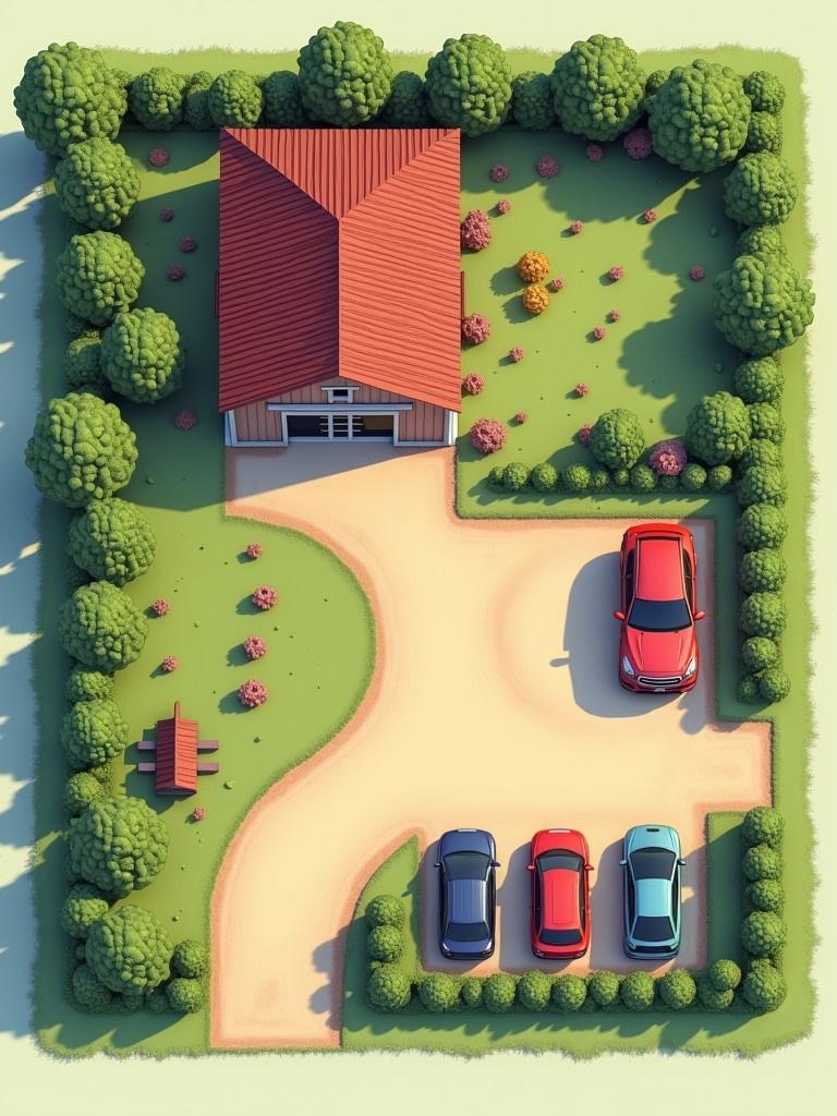 Aerial view of a 100m by 100m farm plot. Features a two bedroom house with a red roof and a chicken coop. Includes three parking spaces beside the house. Surrounded by trimmed hedges and colorful flowers.