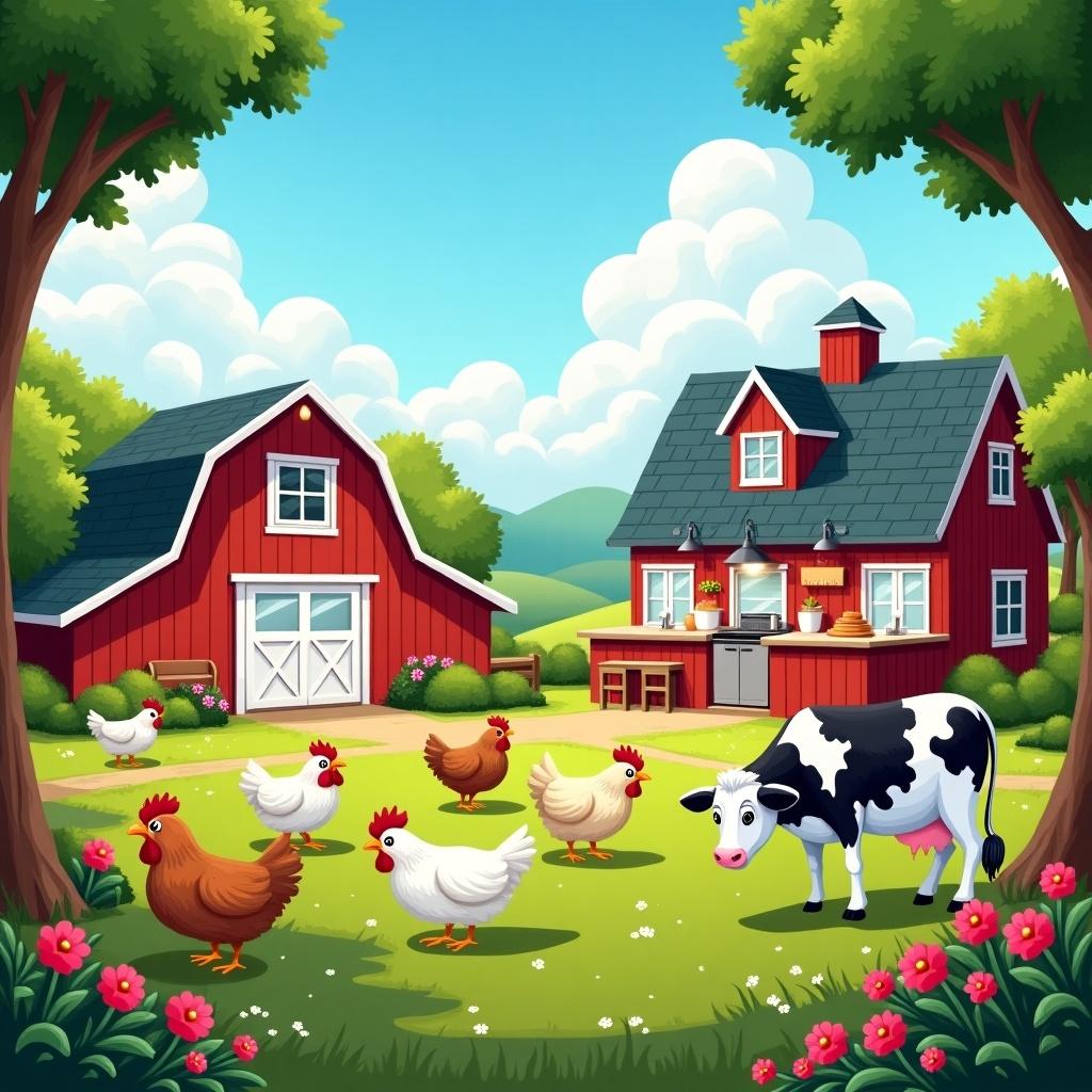 Vibrant illustration of a farm scene with animals. Chickens roam near a red barn. A cow stands in a grassy area. Lush greenery and blooming flowers surround the barn. The sky is bright blue with fluffy clouds. A bright kitchen with white cabinets is visible nearby.