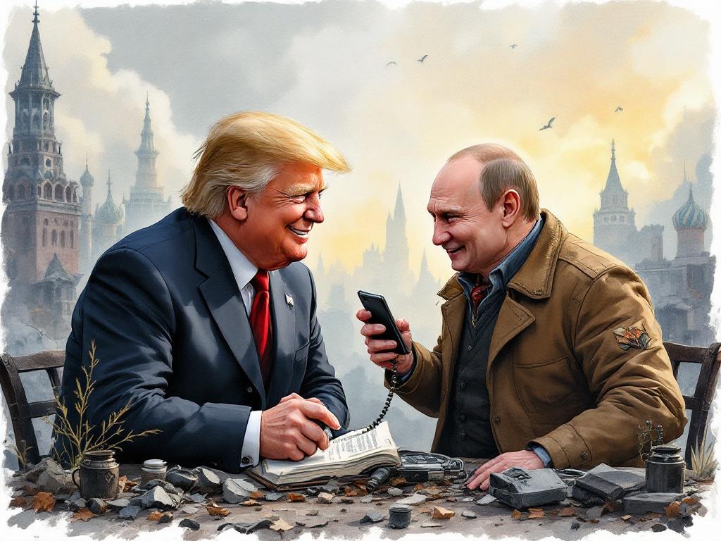 A cartoon with two smiling men engaged in a conversation. One man has blonde hair and is wearing a suit; the other man has short hair and is in a casual jacket. They are depicted in a Ghibli-style. A dark steampunk fantasy city is in the background with visible ruins. Watercolor aesthetics enhance the visual appeal.