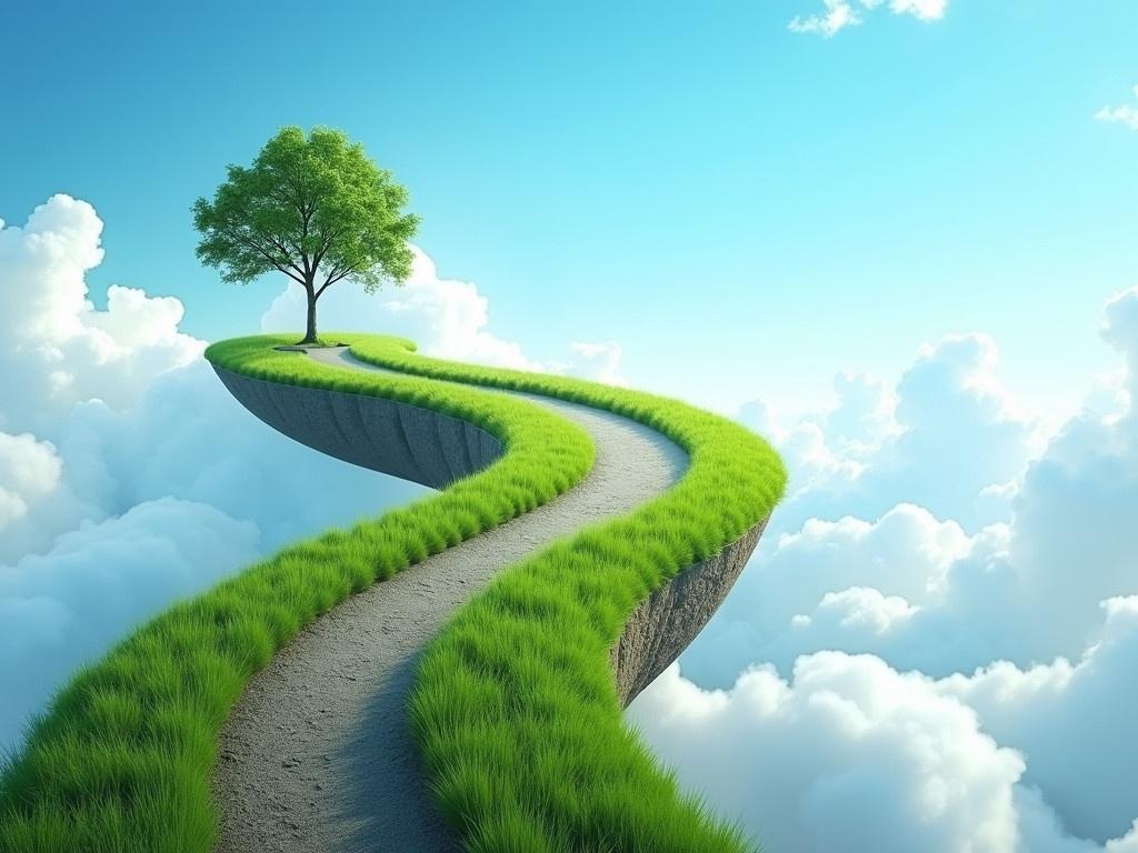 The image depicts a surreal landscape in which a winding road is suspended in the sky, leading directly to a solitary tree. The road curves gently, wrapped in vibrant green grass on its edges, inviting viewers to imagine the journey it represents. The backdrop features a bright blue sky with fluffy white clouds, adding to the dreamlike quality of the scene. The tree stands proudly at the end of the road, symbolizing growth and nature amidst a floating terrain. This whimsical setting suggests a pathway to tranquility and serenity, inspiring thoughts of adventure and exploration.