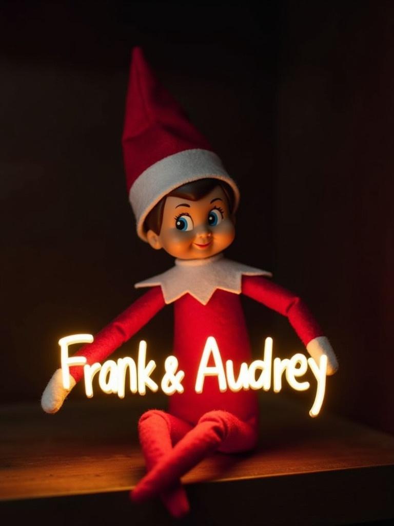 The image shows an elf dressed in red and white. The elf holds a glow stick. The glow stick has the names 'Frank' and 'Audrey' written in light. The background is dark which enhances the glowing effect. The scene has a warm festive atmosphere.