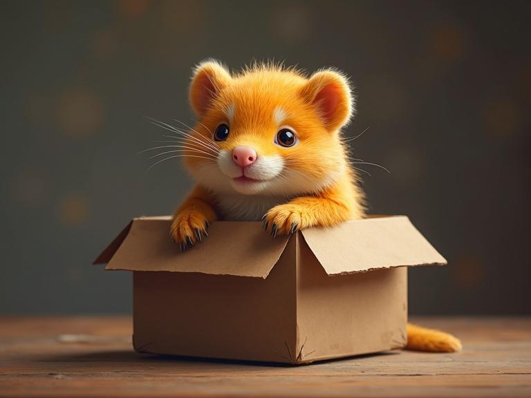 An adorable orange animal peeks from a small cardboard box. The animal has round eyes and a fluffy appearance. Warm lighting enhances the colorful fur and wooden table background. The overall atmosphere is playful and cheerful.