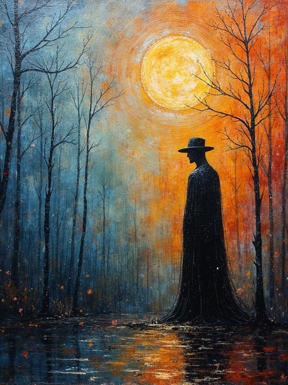 Ethereal surreal painting depicting a figure in a hat standing by a moonlit river surrounded by dark trees in a whimsical style. Warm orange and cool blue colors blend with reflections on the water.