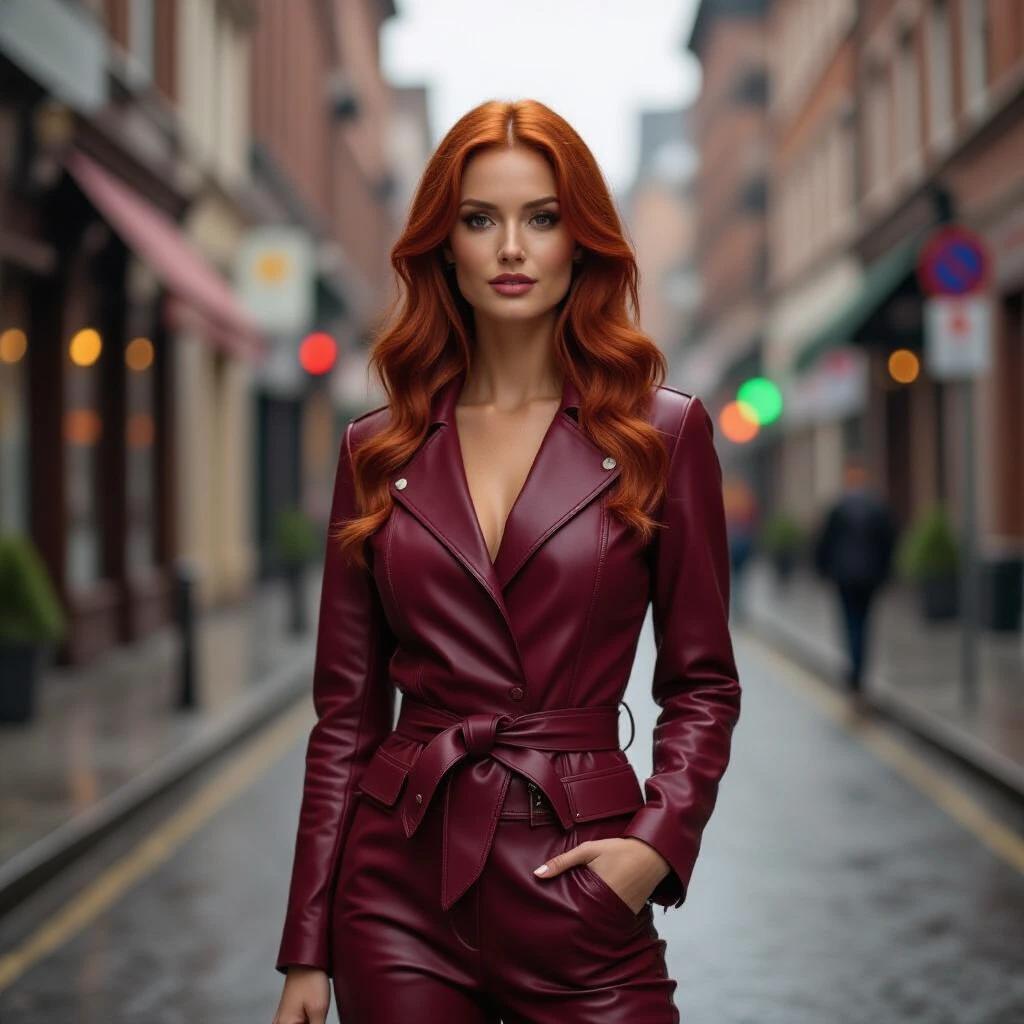 Portrait of a beautiful woman with red hair in wine-colored leather clothing on a rainy street