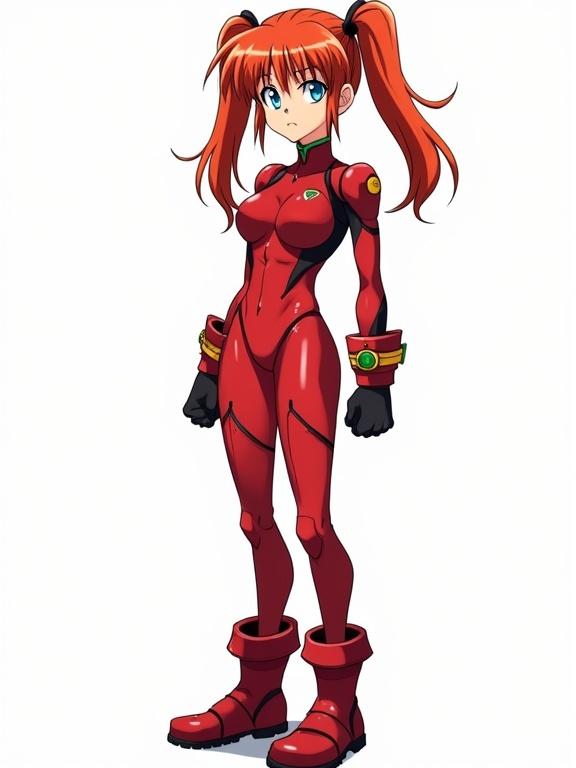 Three-quarter view full body anime style girl with bright red hair in pigtails intense blue eyes and a confident expression wearing red pilot suit with black green and yellow details and combat boots posed with one hand on hip and other clenched into a fist clean lineart and soft shading white background
