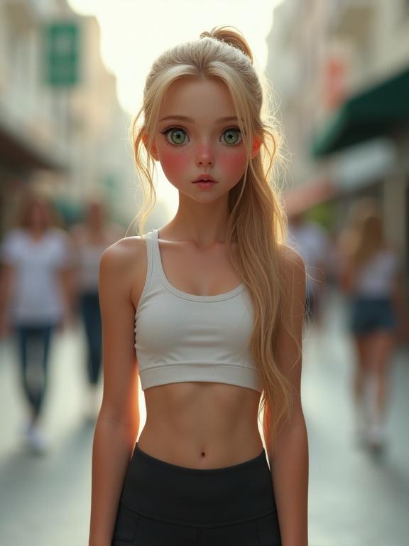 Photorealistic image of a teenage girl in a modern city. She has a long blonde ponytail and smooth pale skin. Her big green eyes look timid with an embarrassed expression. Wearing a tube top and spandex bike shorts. She stands in a relaxed yet shy posture. Image is a full body shot with a zoomed-out view.