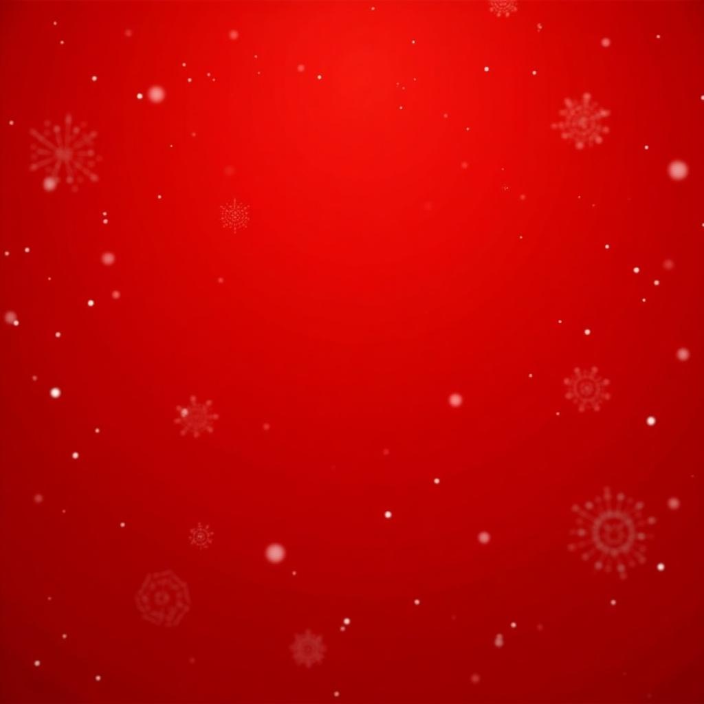 Red background with blurred snowflakes scattered across the surface. Light snowfall effect with soft tones.