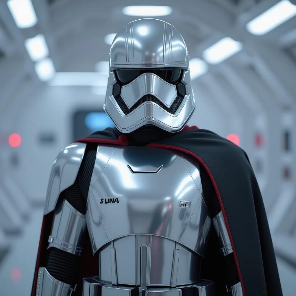 A character in a shiny, chrome armor with a black and red cape stands in a futuristic corridor. The character has a sleek helmet and an imposing stance.