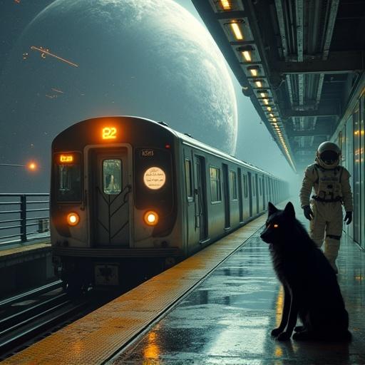A surreal sci-fi scene on a futuristic train platform in outer space. Earth is visible in the background with a sun flare providing warm illumination. A silver train labeled '2095' arrives, with route number '22' in glowing amber digits. An astronaut in a white space suit stands on the platform beside a glowing-eyed black wolf, creating a feeling of sadness. The setting is dimly lit, with dramatic shadows and lens flares, evoking a melancholic aesthetic.