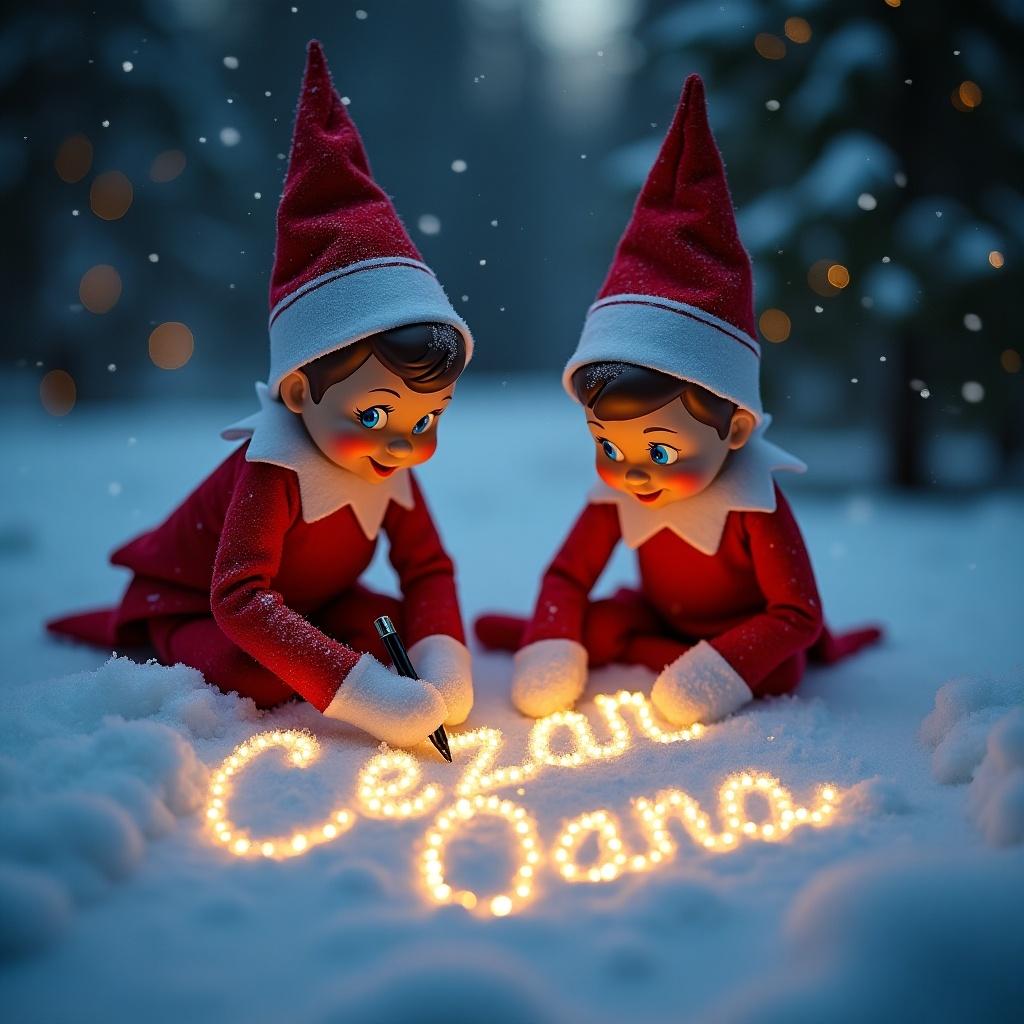 Elf figurines write names Cezar and Oana in the snow. Words illuminated artistically in cursive with lights. Snowy holiday scene with festive elements.