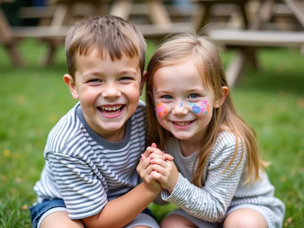 In the image, there's a joyful moment captured between two children. On the left, a boy with a wide grin is wearing a striped shirt, seated with his hands on his knees. On the right, a girl is standing next to him, looking cheerful with a playful face painting. She is dressed in a patterned outfit. Both children are holding hands, displaying a sense of friendship and warmth. The background shows a grassy area with wooden picnic tables, adding to the lively atmosphere.