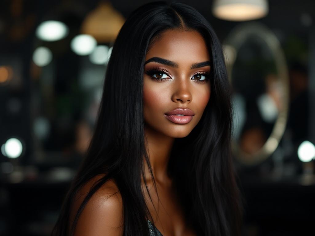 Beautiful young lady with long straight black hair, glamorous makeup, and short french nails in a busy film studio. Actors and actresses in booths, with team members preparing.