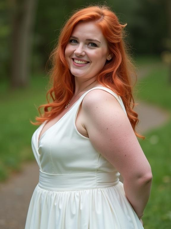 A young woman stands on a path outdoors. She wears a white wedding dress. The dress has a playful design. The woman has long red hair styled in loose curls. She smiles happily at the viewer. The background is lush and green.