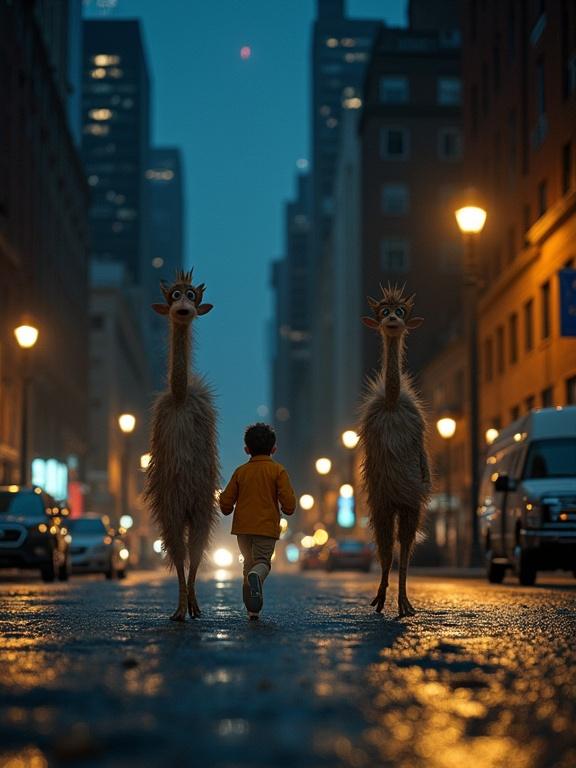 Ultra realistic illustration showing a child from The Little Prince running at night in New York. The scene depicts baobab trees chasing him. The child appears anxious and scared. The format is 1080 x 1350. The perspective utilizes a 15mm wide-angle lens with f1.2 aperture.