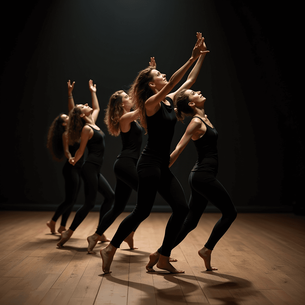 Four dancers elegantly pose in a dimly lit studio, each wearing a black outfit, exuding grace and synchronicity on a wooden floor.