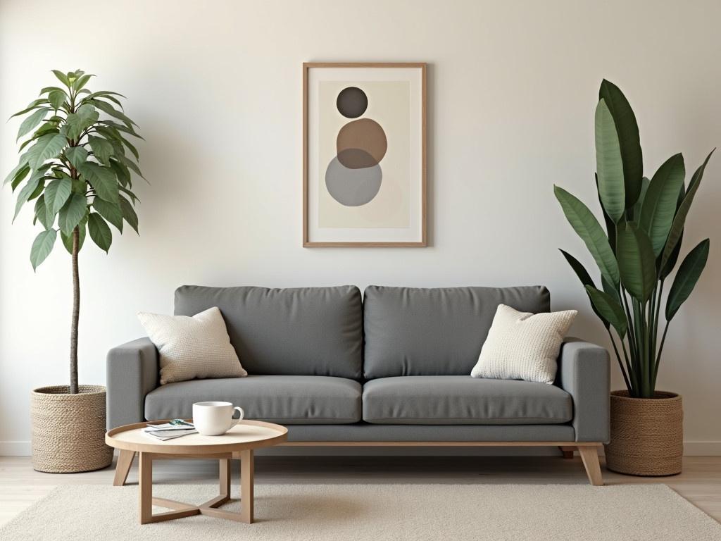 The image features a retro-style living room with a grey sofa, complemented by two plush pillows that add a vintage touch. The walls are painted in a soft neutral color, enhancing the retro vibe of the décor. Next to the sofa is a minimalist coffee table, with a white ceramic mug resting atop it. A tall, green potted plant adds a natural element to the space. A piece of framed art, showcasing abstract shapes, hangs above the sofa, contributing to the overall retro aesthetic.