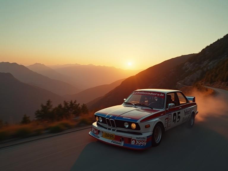 Scene depicts a racing 1978 BMW driving on a winding mountain road at dawn. Background features majestic Lovćen Mountain with a warm sunrise. The car generates a cloud of dust as it accelerates, capturing the spirit of racing and adventure.