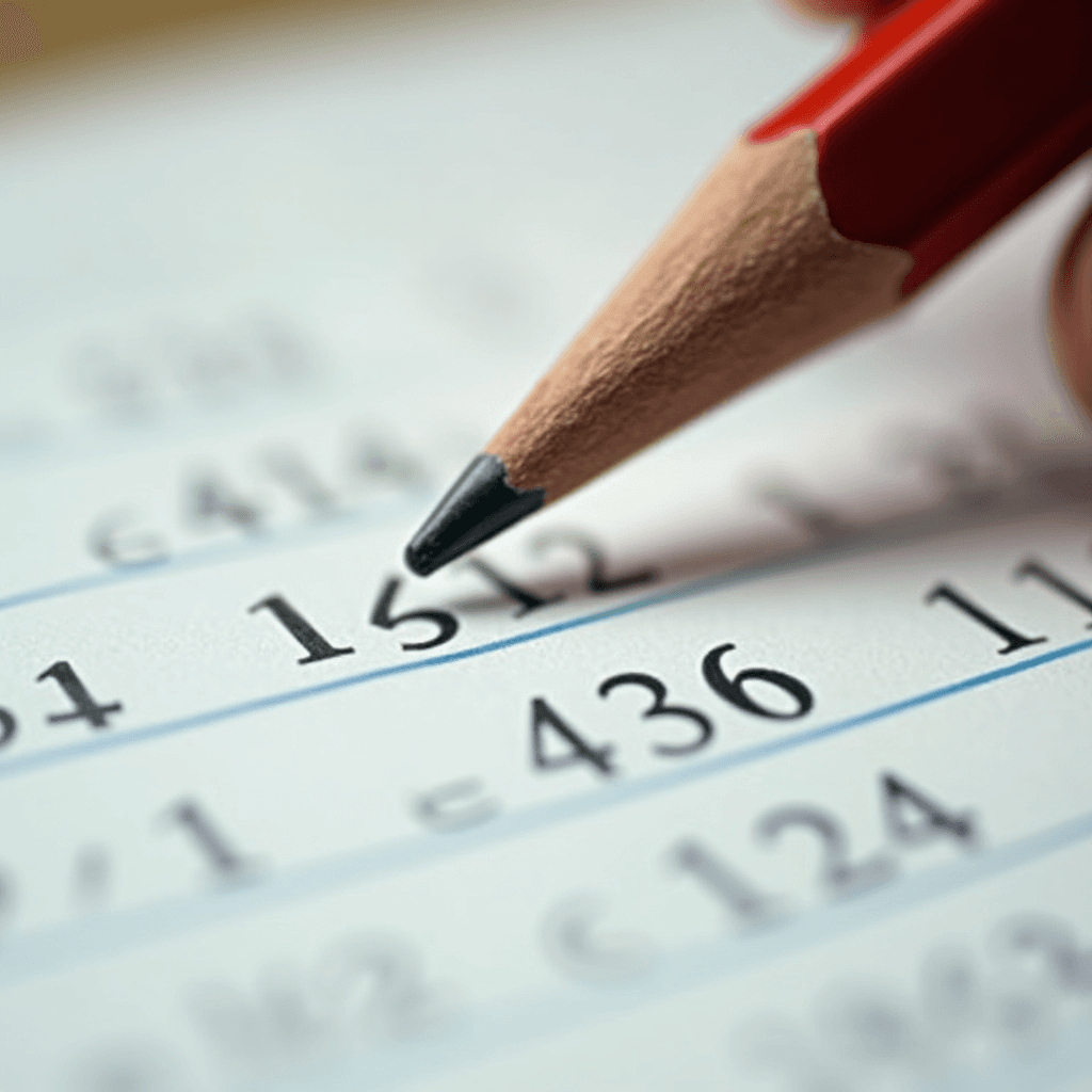 A close-up of a red pencil tip poised over numerical calculations on a white paper.